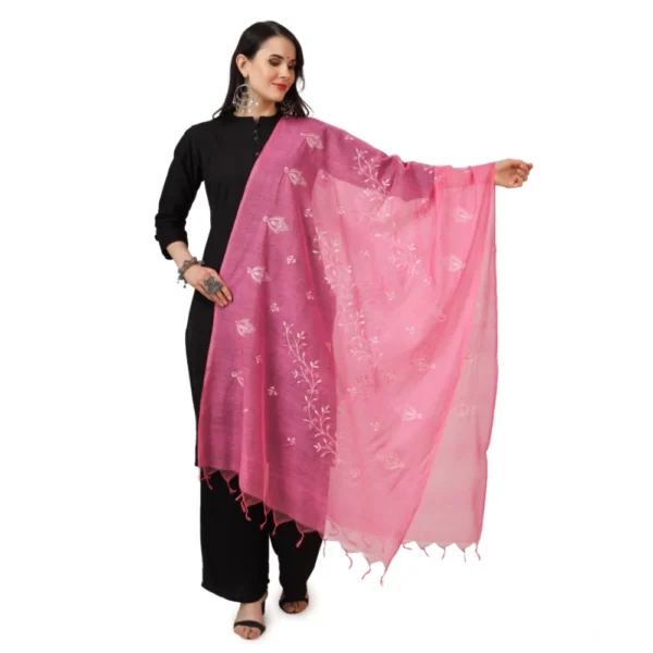 Pink Cotton Embroidered Dupatta for Women