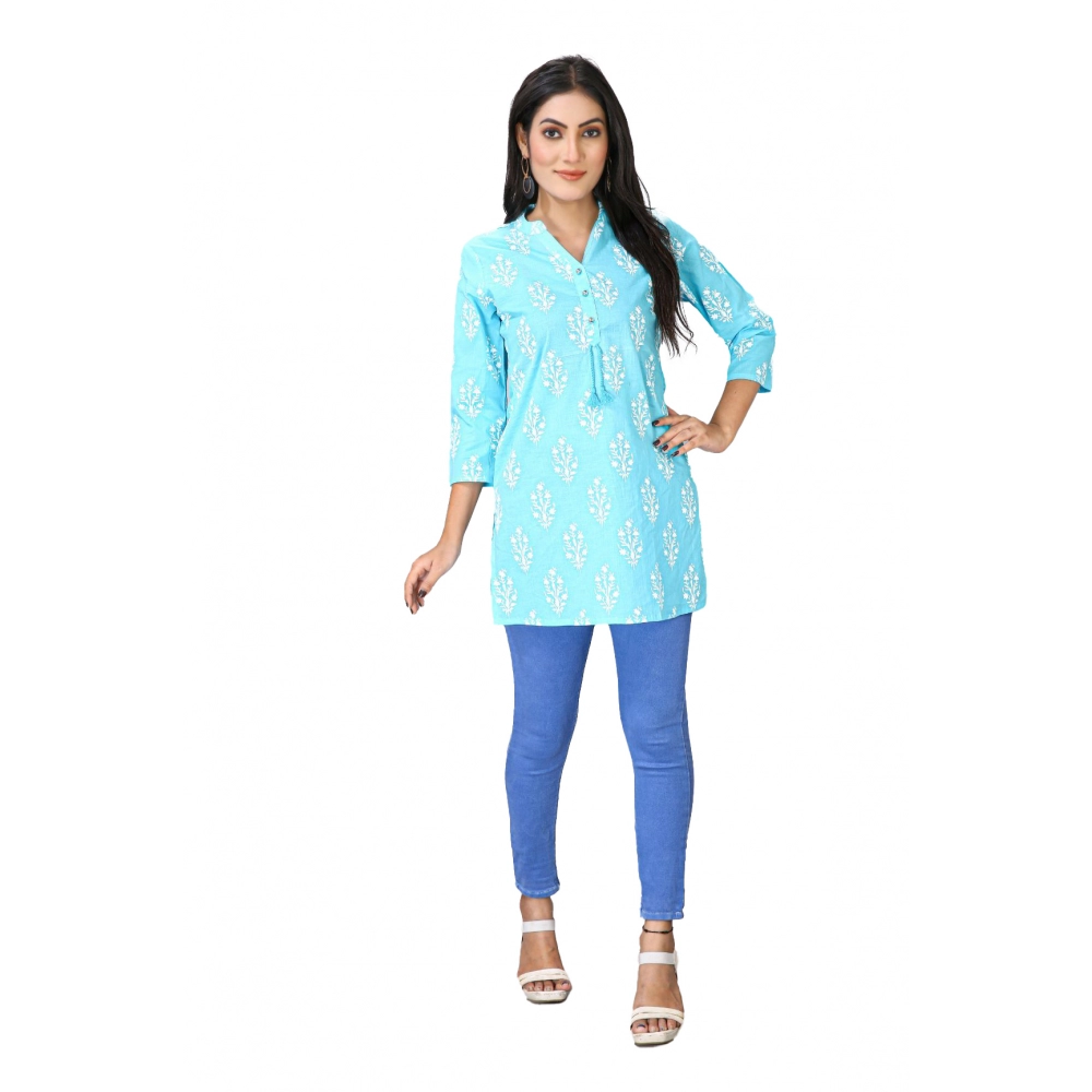 53510203058_afeab9c303_o_d-1000x1000-1.webp Generic Women's Casual 3/4 Sleeve Cotton Blend Printed Kurti (Light Blue) - Image 1