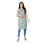 Generic Women's Casual Sleeveless Viscose Rayon Printed Kurti (Light Green)