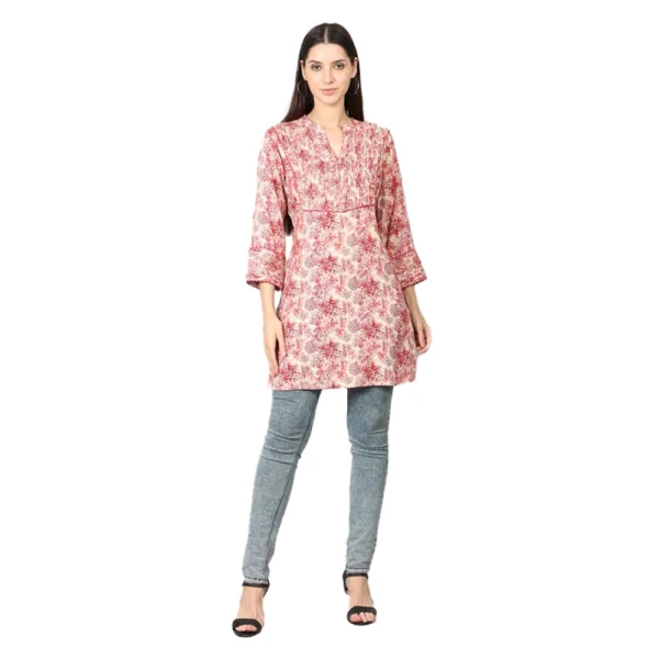 Generic Women's Casual 3/4 Sleeve Viscose Rayon Printed Kurti (Pink)