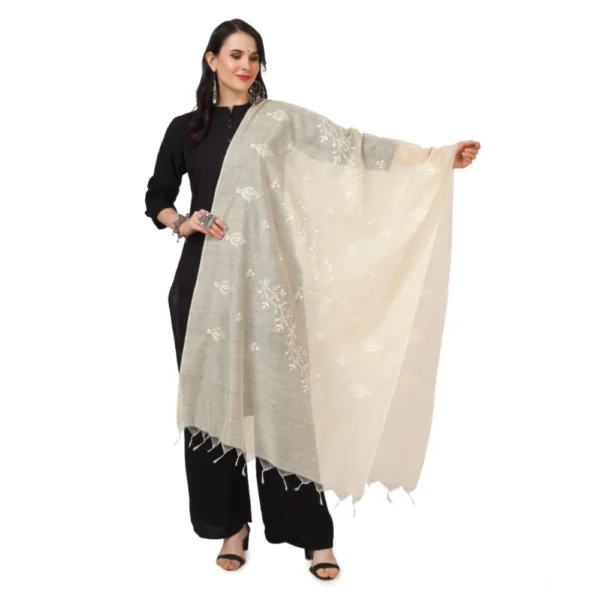 Off White Cotton Embroidered Dupatta for Women