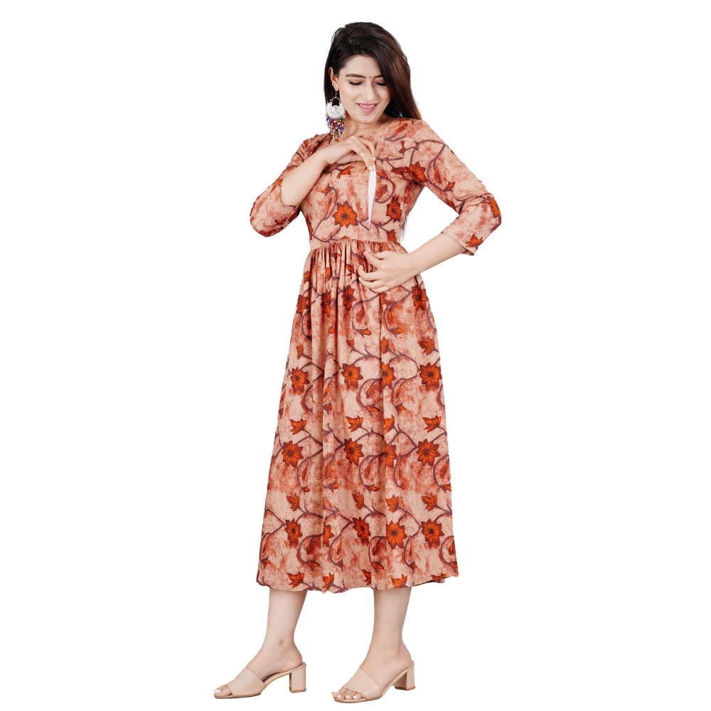 Brown Viscose Maternity Feeding Kurti with Floral Print for Women