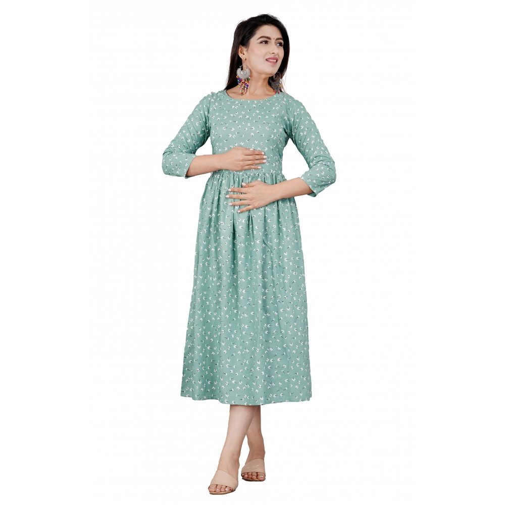 53518238941_9aaf8e702f_o_d-1000x1000-1.webp Generic Women's Casual 3/4 Sleeve Printed Viscose Maternity Feeding Kurti (Green) - Image 1