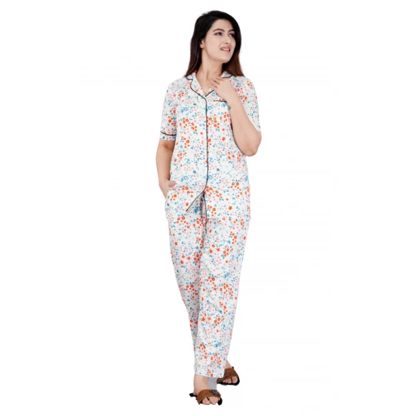 White Printed Viscose Rayon Women's Night Suit Set