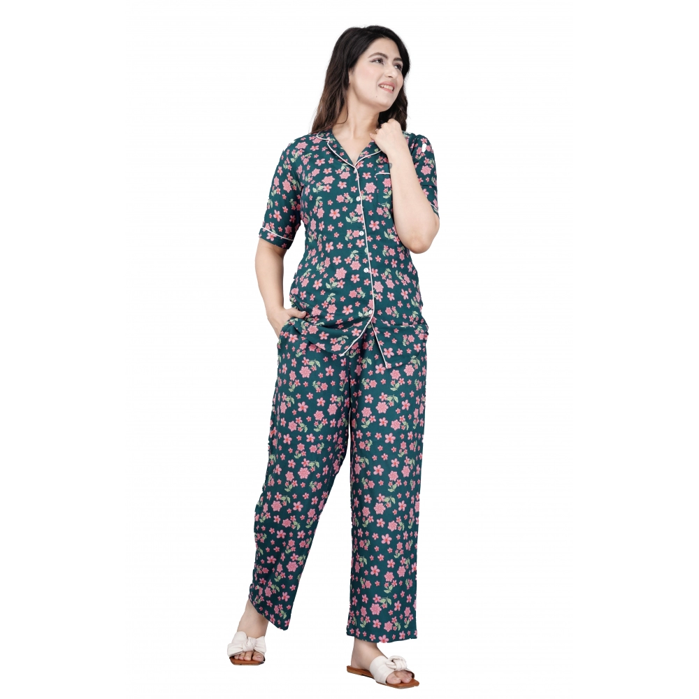 Teal Printed Viscose Rayon Women's Night Suit Set