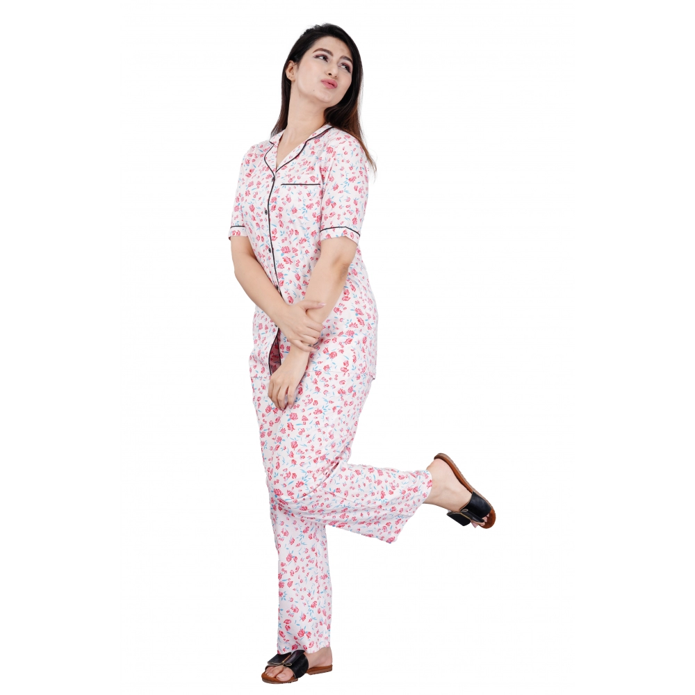 Baby Pink Printed Viscose Rayon Women's Night Suit Set