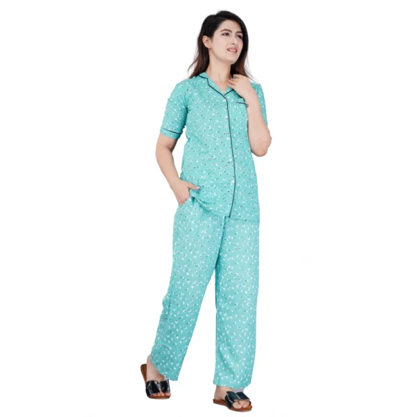 Green Printed Viscose Rayon Women's Night Suit Set