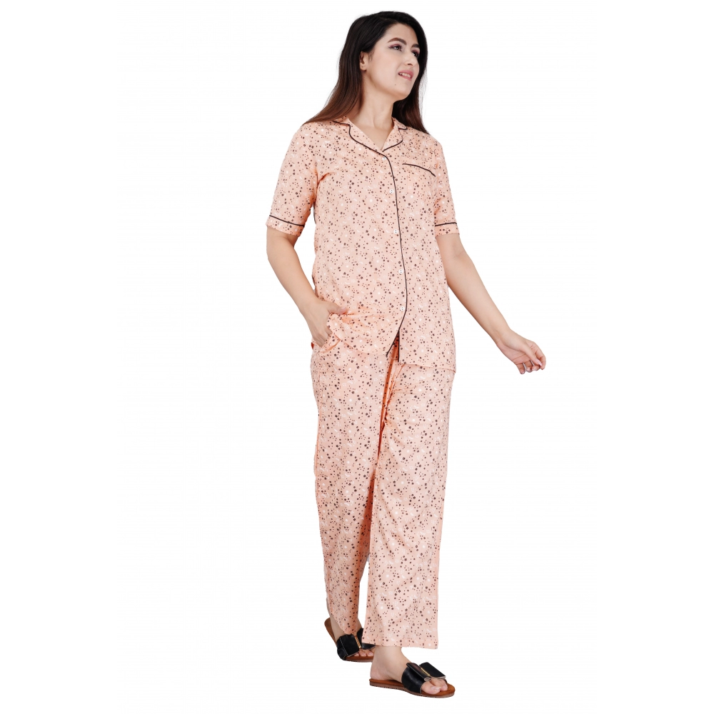 Peach Printed Viscose Rayon Women's Night Suit Set