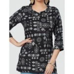 Generic Women's Casual 3/4 Sleeves Printed Rayon Short Top (Black) - Image 3