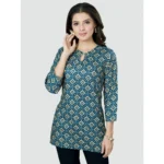 Generic Women's Casual 3/4 Sleeves Printed Rayon Short Top (Blue) - Image 5