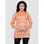 Generic Women's Casual 3/4 Sleeves Printed Rayon Short Top (Orange) - Image 2