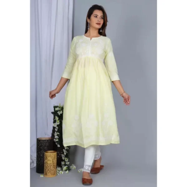 Generic Women's Casual 3/4 Sleeve Embroidered Rayon Anarkali Gown (Yellow)