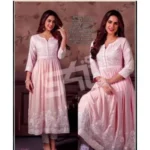 Generic Women's Casual 3/4 Sleeve Embroidered Rayon Anarkali Gown (Pink)