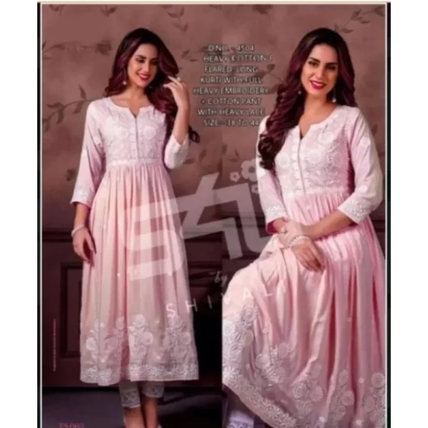 Generic Women's Casual 3/4 Sleeve Embroidered Rayon Anarkali Gown (Pink)