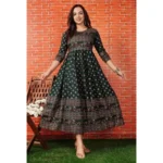 Generic Women's Casual 3/4 Sleeve Printed Rayon Anarkali Gown (Green)