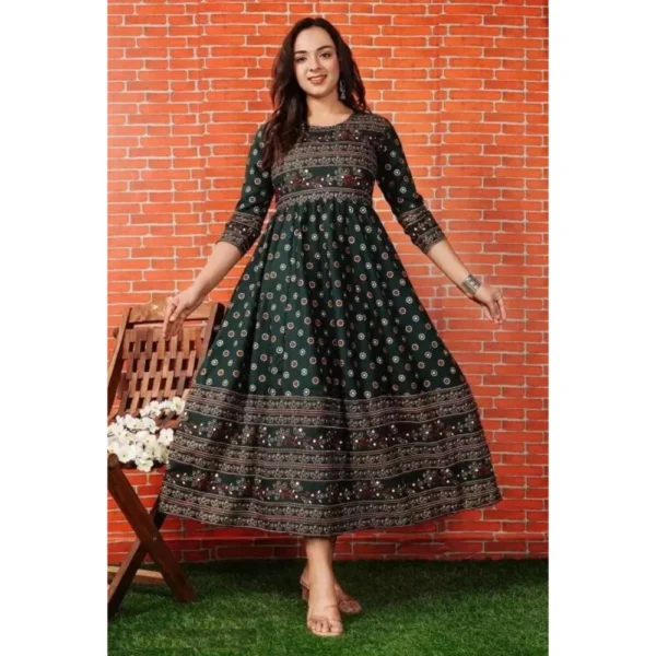 Generic Women's Casual 3/4 Sleeve Printed Rayon Anarkali Gown (Green)