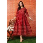 Generic Women's Casual 3/4 Sleeve Printed Rayon Anarkali Gown (Red)