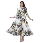 Generic Women's Casual 3/4 Sleeve Printed Rayon Anarkali Gown (Yellow)
