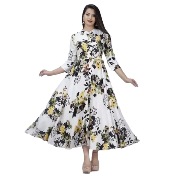 Generic Women's Casual 3/4 Sleeve Printed Rayon Anarkali Gown (Yellow)