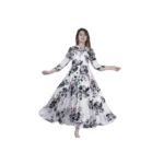 Generic Women's Casual 3/4 Sleeve Printed Rayon Anarkali Gown (White)
