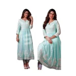 Generic Women's Casual 3/4 Sleeve Embroidered Rayon Anarkali Gown (Blue)