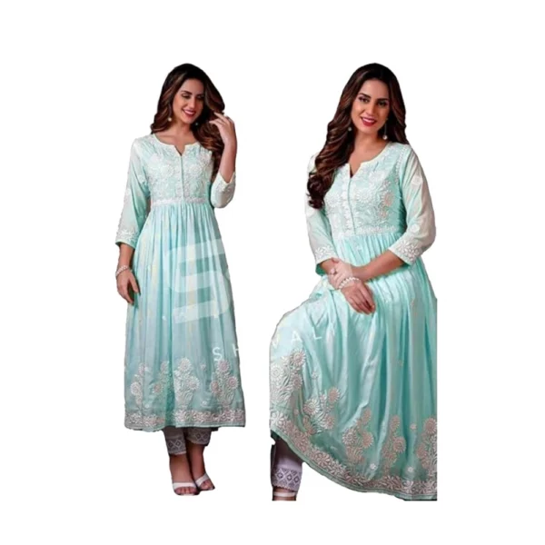 Generic Women's Casual 3/4 Sleeve Embroidered Rayon Anarkali Gown (Blue)