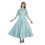 Generic Women's Casual 3/4 Sleeve Floral Printed Rayon Anarkali Gown (Aqua Blue)