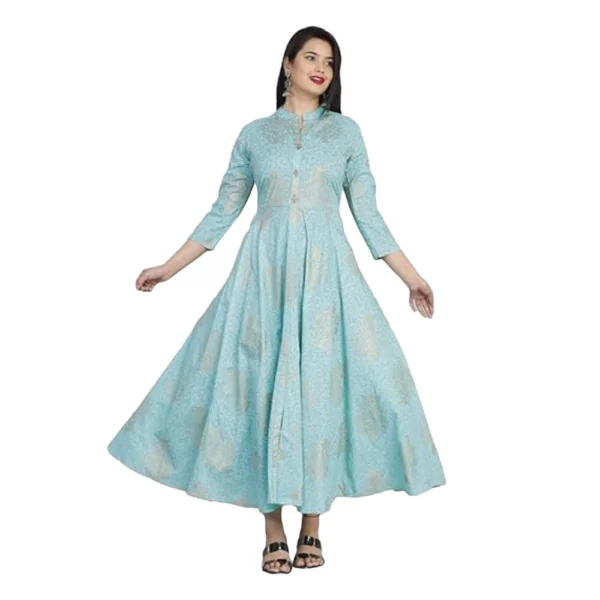 Generic Women's Casual 3/4 Sleeve Floral Printed Rayon Anarkali Gown (Aqua Blue)