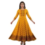 Generic Women's Casual 3/4 Sleeve Printed Rayon Anarkali Gown (Yellow)