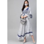 Generic Women's Casual Bell Sleeve Floral Printed Rayon Dress (White & Blue) - Image 3