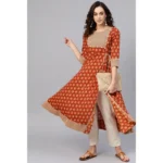 Generic Women's Casual 3/4 th Sleeve Floral Printed Cotton Slub Kurti (Brown) - Image 3