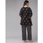 Generic Women's Casual Kimono Sleeve Floral Printed Cotton Pyjama Set (Black) - Image 2