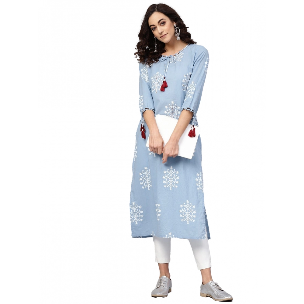 Blue Embroidered Cotton Kurti for Women