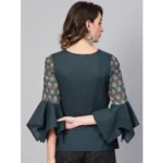 Generic Women's Casual Bell Sleeves Floral Printed Cotton Slub Top (Grey) - Image 2