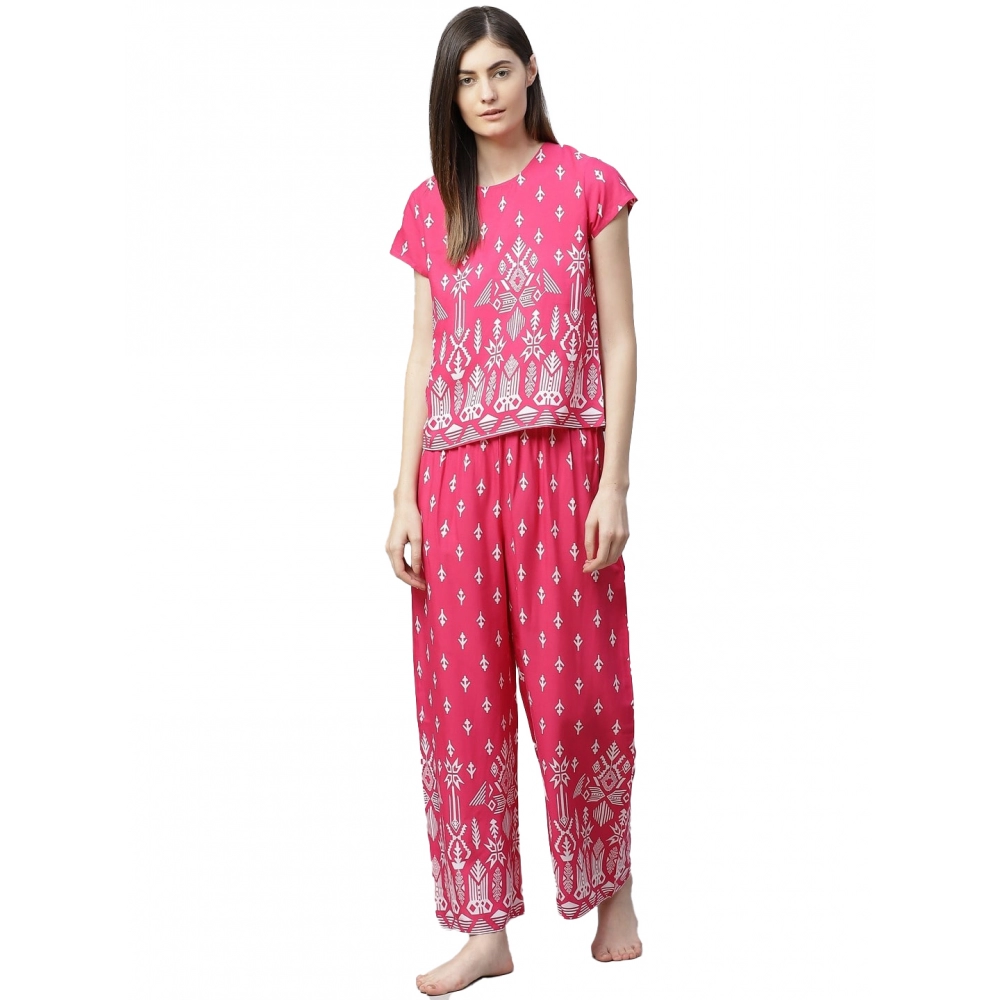 Pink Printed Rayon Pajama Set