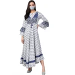 White Blue Rayon Floral Bell Sleeve Dress for Women