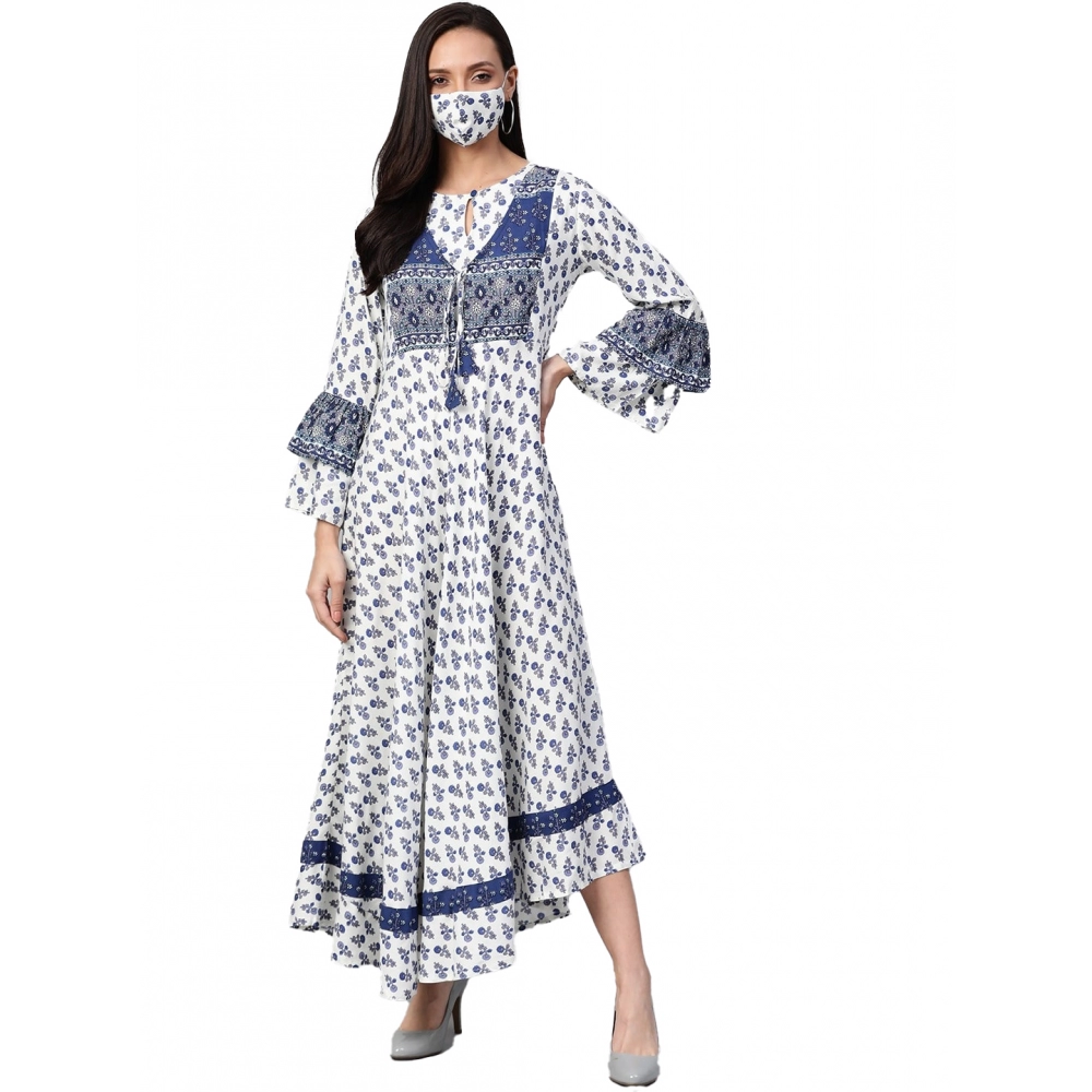 White Blue Rayon Floral Bell Sleeve Dress for Women