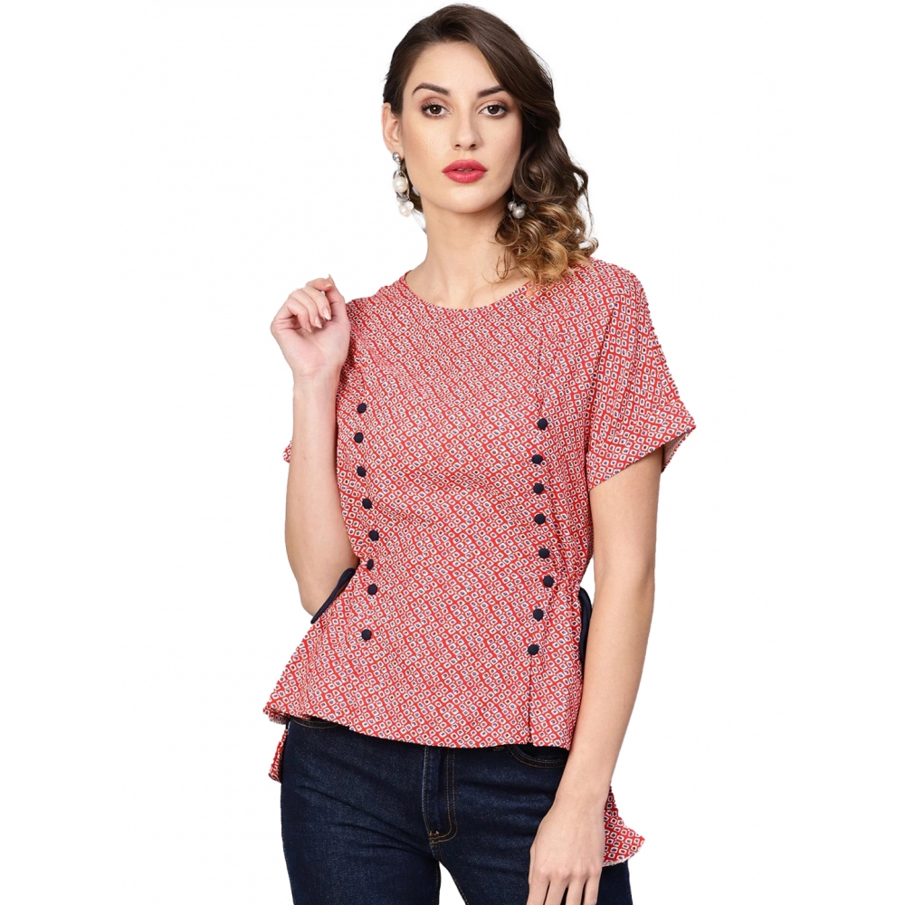 Red Geometric Rayon Top for Women