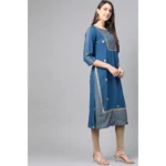 Generic Women's Casual 3/4 th Sleeve Floral Printed Rayon Kurti (Blue) - Image 5