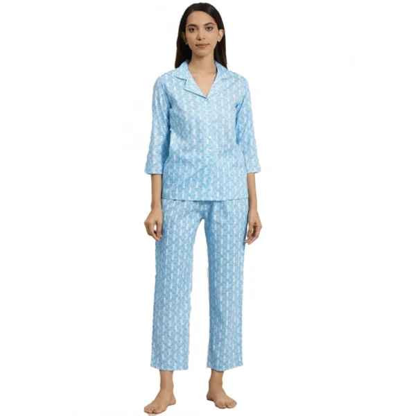Women's Blue Floral Rayon Night Suit Set