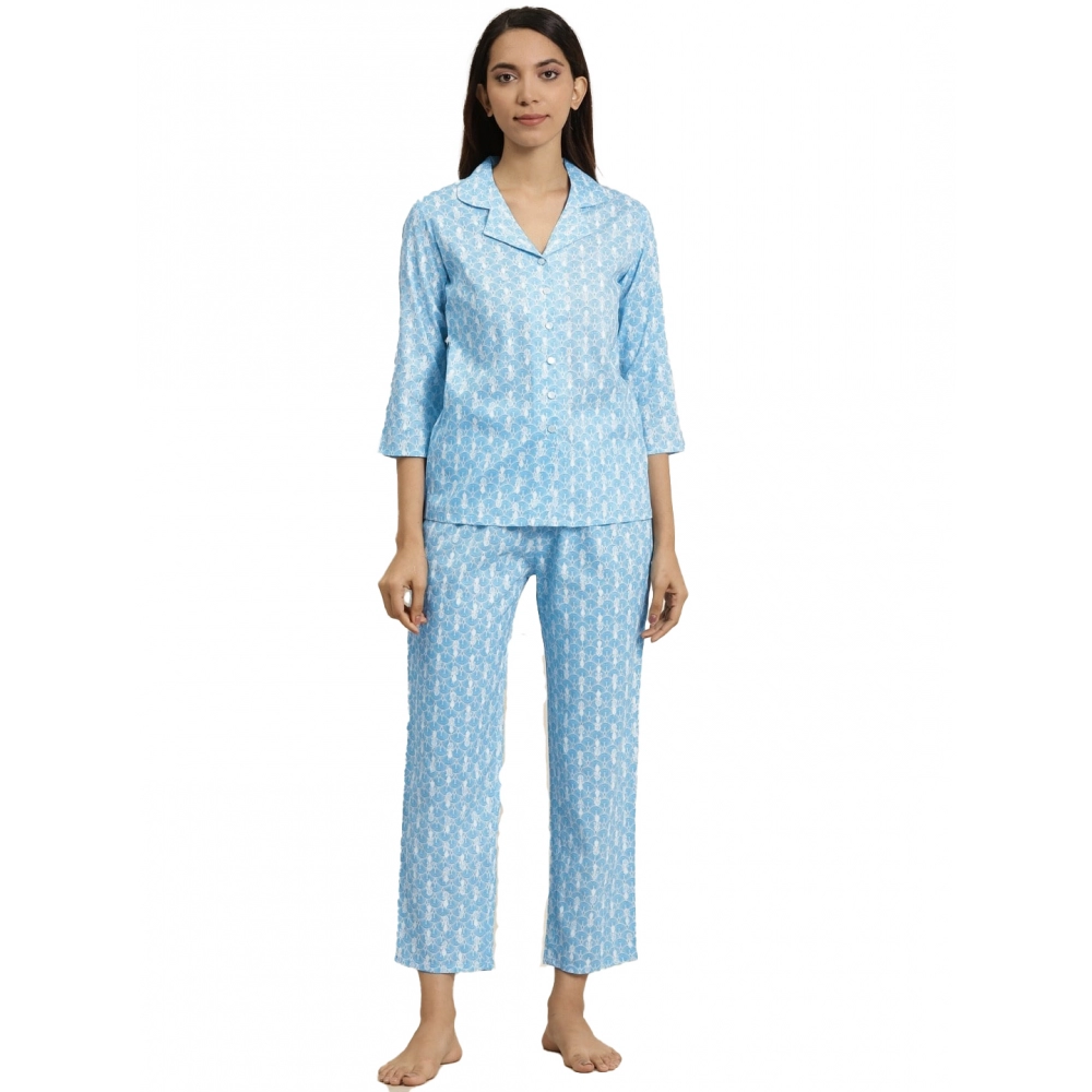 Women's Blue Floral Rayon Night Suit Set