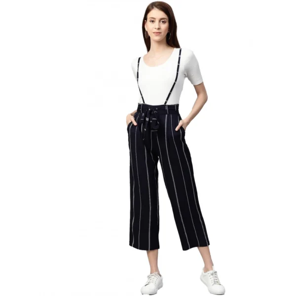 Blue Rayon Striped Short Sleeve Dungaree for Women