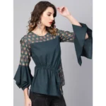 Generic Women's Casual Bell Sleeves Floral Printed Cotton Slub Top (Grey) - Image 3