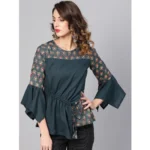 Generic Women's Casual Bell Sleeves Floral Printed Cotton Slub Top (Grey) - Image 5