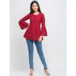 Generic Women's Casual Bell Sleeves Solid Cotton Top (Maroon) - Image 3