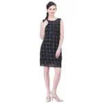 Black Cotton Blend Checked Sheath Dress for Women