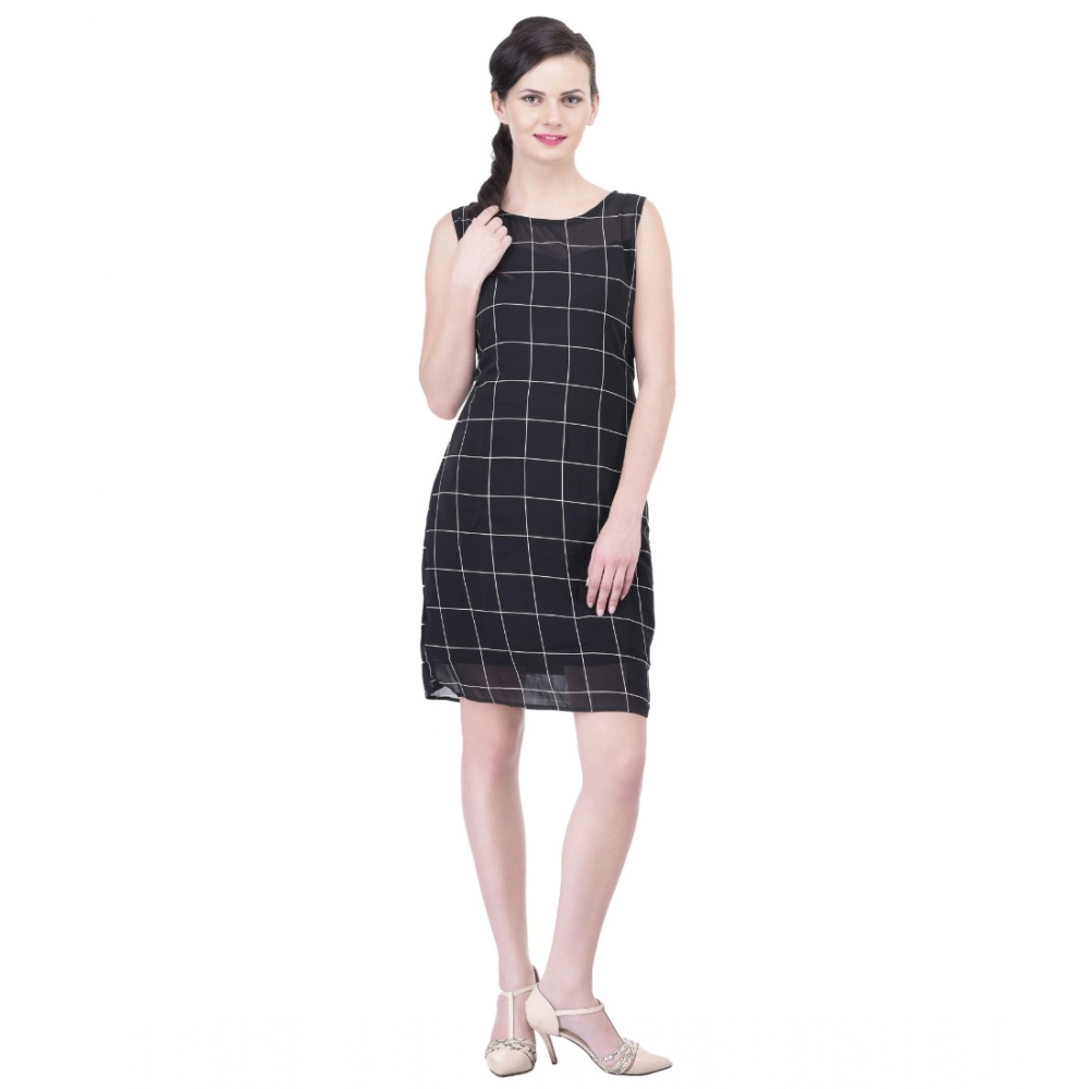 Black Cotton Blend Checked Sheath Dress for Women