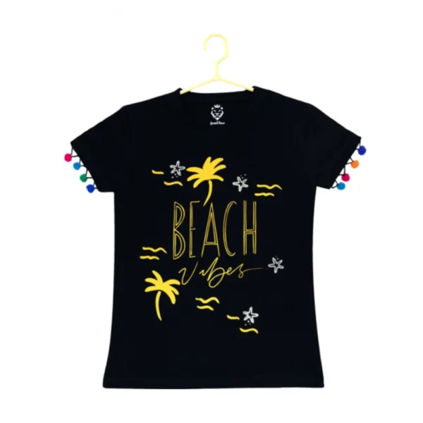 Black Cotton Girls Printed T-Shirt