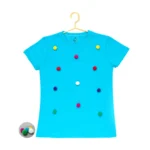Blue Cotton Girls Pom Pom T-Shirt