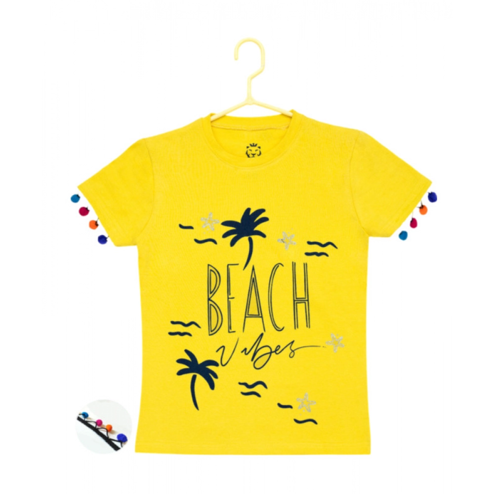 Yellow Cotton Girls Printed T-Shirt